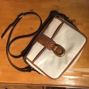 White and Tan Pebble Leather Crossbody Saddlebag